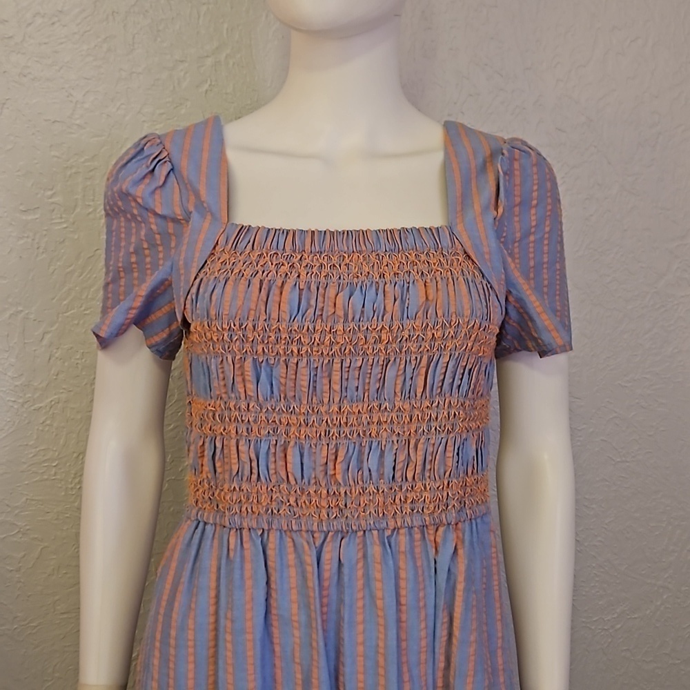 TAHARI Cotton Striped Smocked Ruffle Seersucker Midi Doll Dress - Picture 4 of 11
